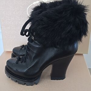 Prada Black Heeled Boots with Plush Trim 36.5